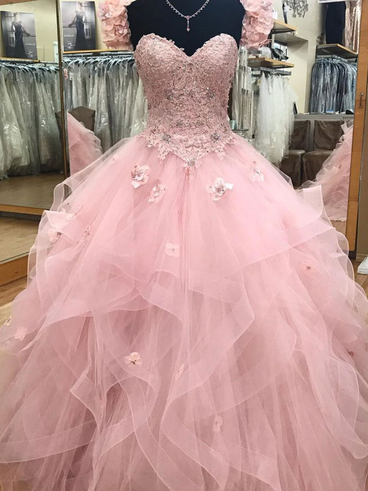 Pink sweetheart tulle long prom gown ...